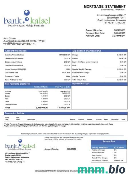 Indonezja Bank Kalsel wyciąg z kredytu hipotecznego szablon Word i PDF